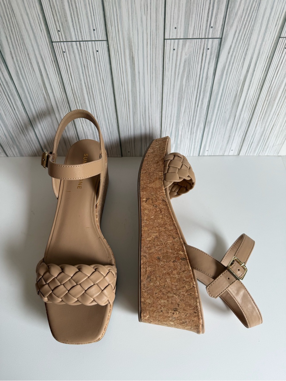 Sun + Stone Women's TAN Allvina Wedge Square Toe Ankle Strap Sandals SZ 11M NWB